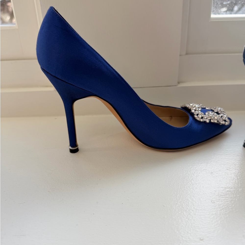 Manolo Blahnik Blue Satin Pumps with Crystal Embellishments - Picture 6 of 6